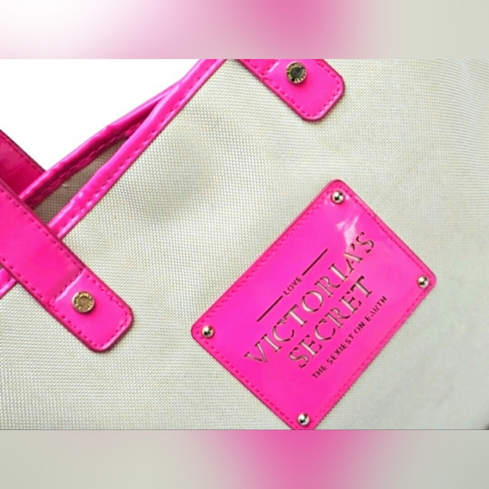 Victoria's Secret Pink Patent Leather & Cream Canvas Large Tote Bag Purse Beach - Picture 3 of 12